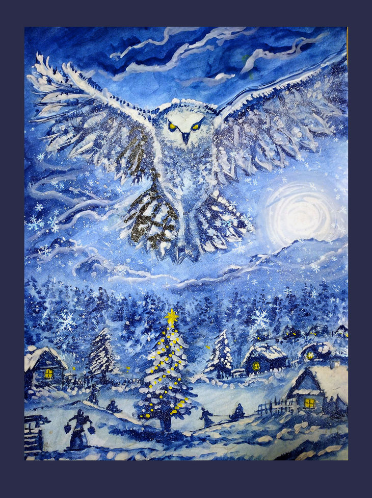 Картина гуашью с изображением зимней совы