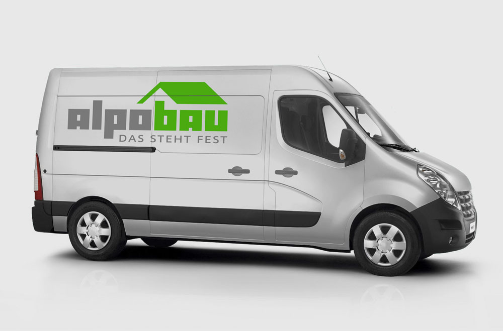 Логотип компании по ремонту домов Alpobau в Германии. Нанесение на борт автомобиля