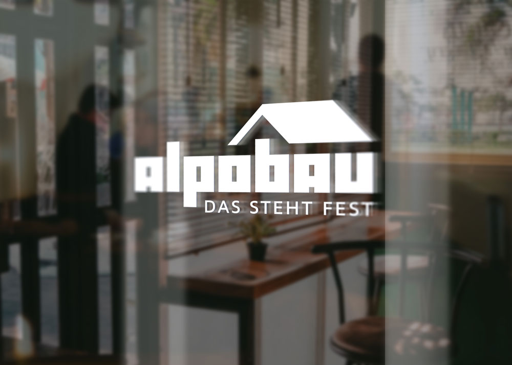 Логотип компании по ремонту домов Alpobau в Германии. Аппликация на стекло