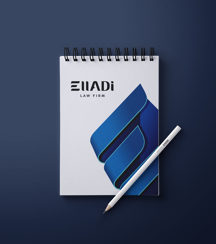 Разработка фирменного стиля для юридической фирмы Elladi. Фирменный блокнот и карандаш.